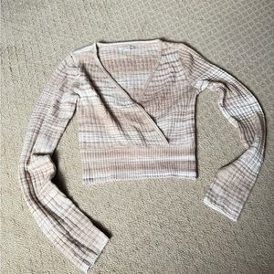 Beige Plaid Ribbed Wrap Top